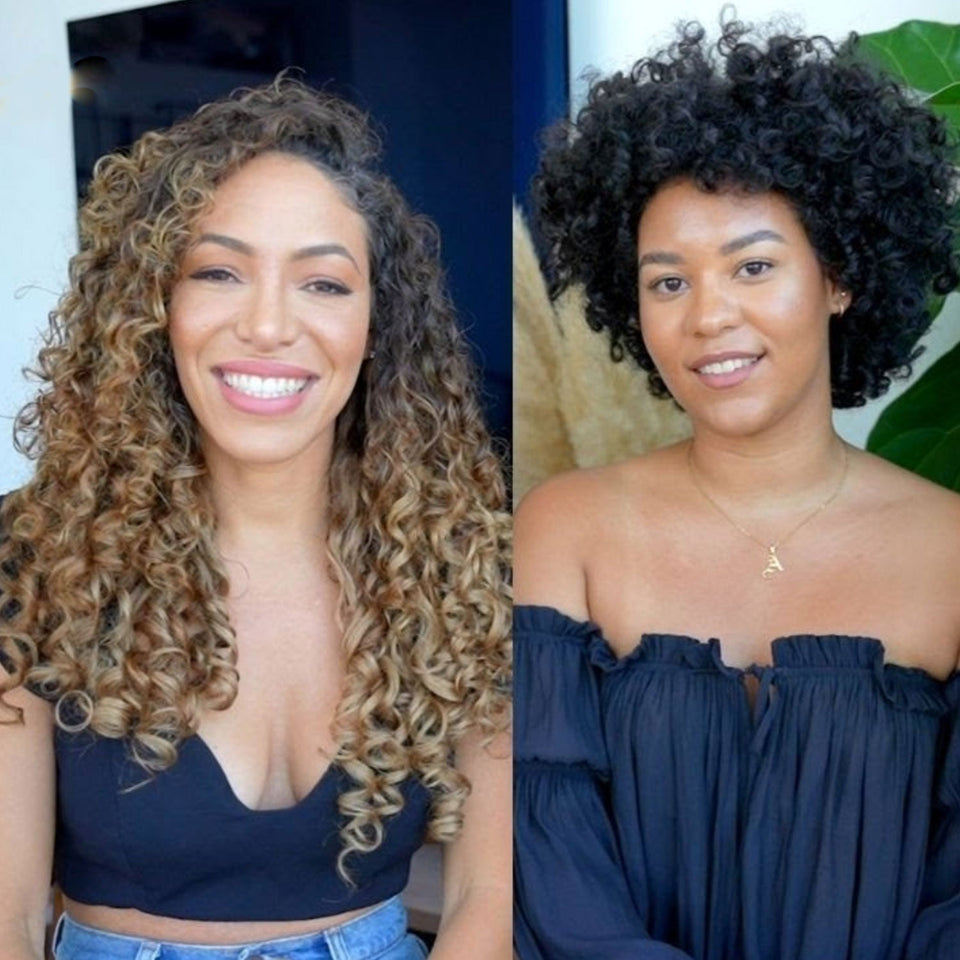 Two women showcasing curly hairstyles, one with long highlighted curls and one with a short dark afro
