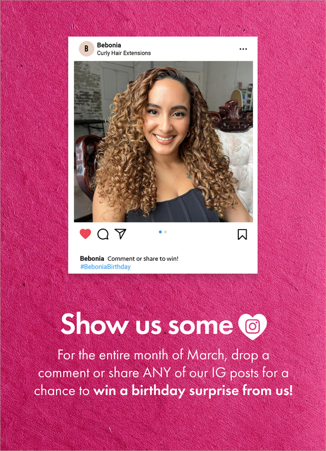 Birthday giveaway graphic inviting followers to share Bebonia Instagram posts for a March birthday surprise
