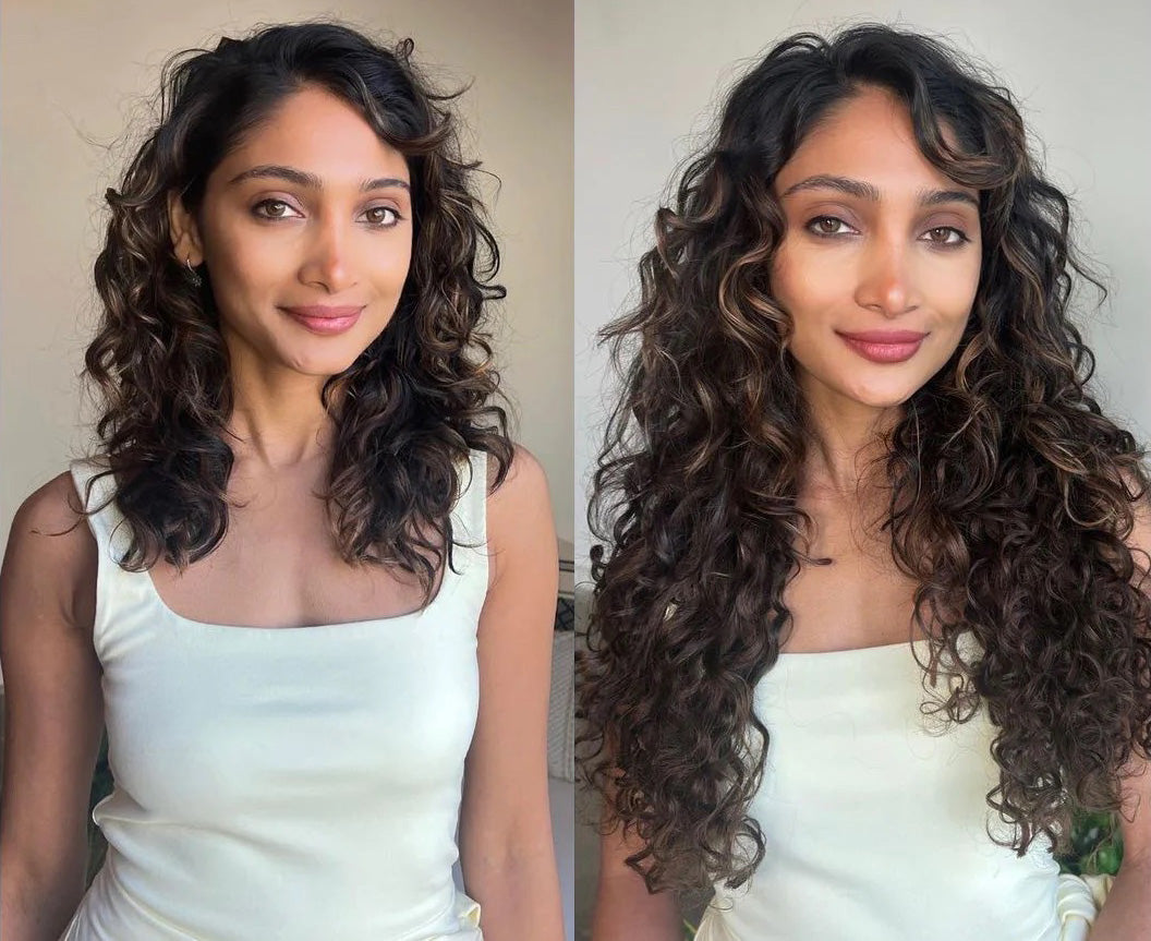 Before and after — Curly, Highlighted Brown, Clip-In extensions
