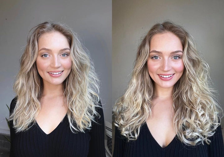 Before and after — Spiral Lightest Blonde and Spiral Ash Blonde Clip-In extensions
