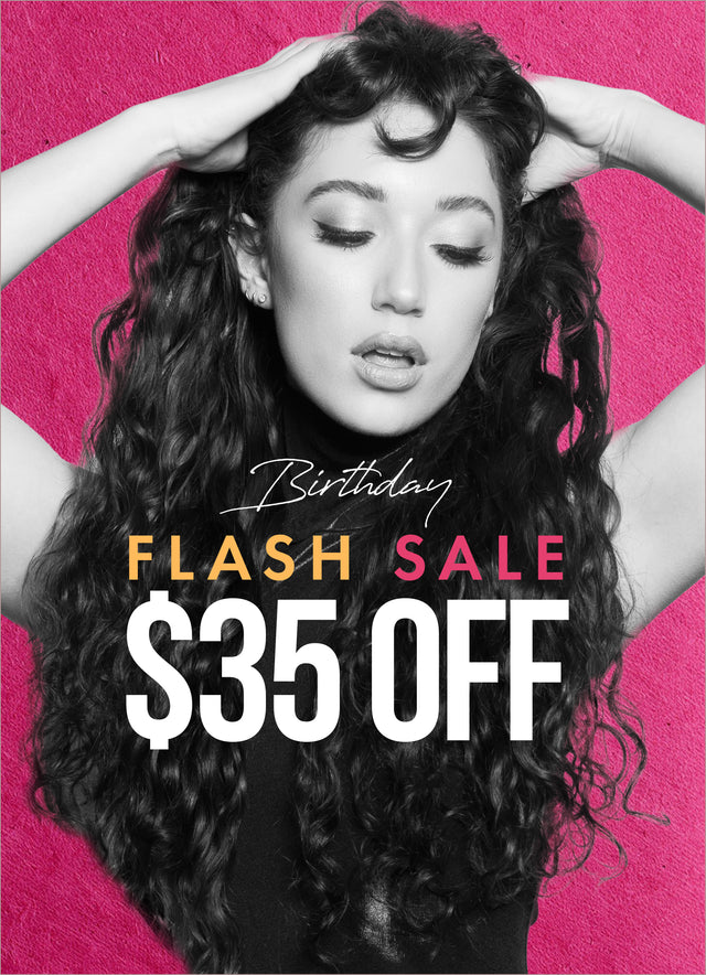 Woman posing with long curly hair for Bebonia birthday flash sale promotion