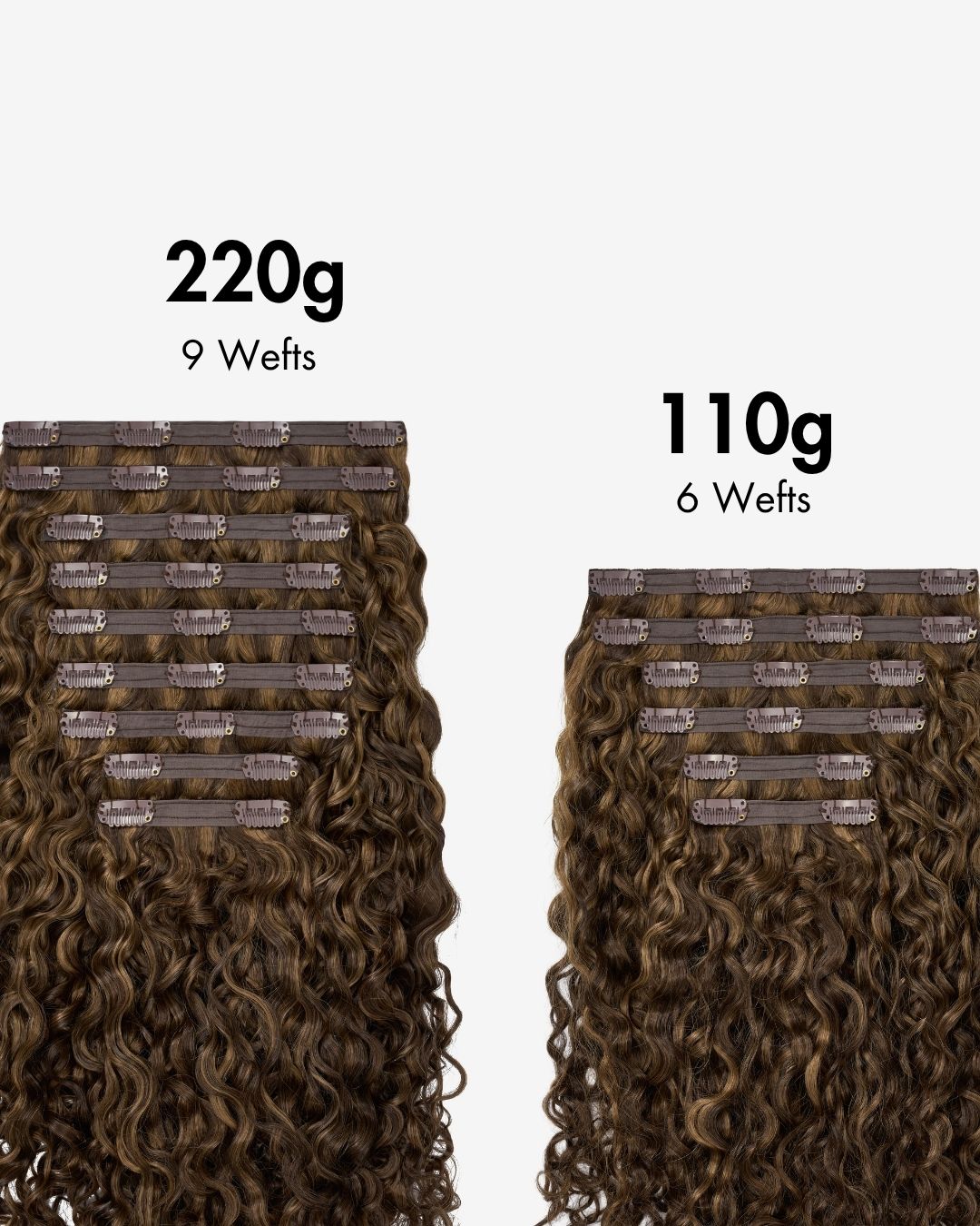 Flat lay of highlighted brown curly clip in hair extensions showing 220g 9 wefts and 110g 6 wefts on white background