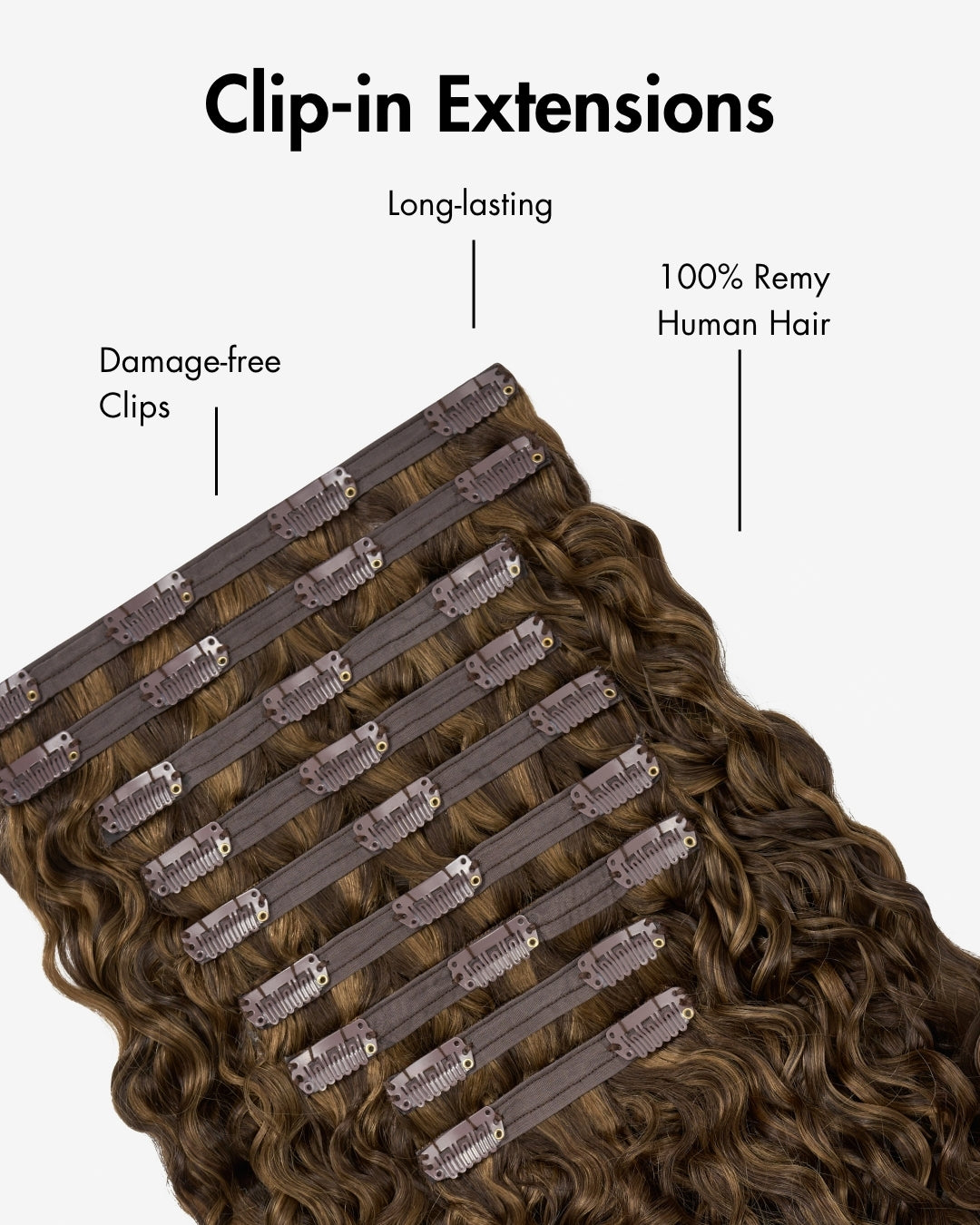 Clip-in extensions with long-lasting 100% Remy human hair and damage-free clips