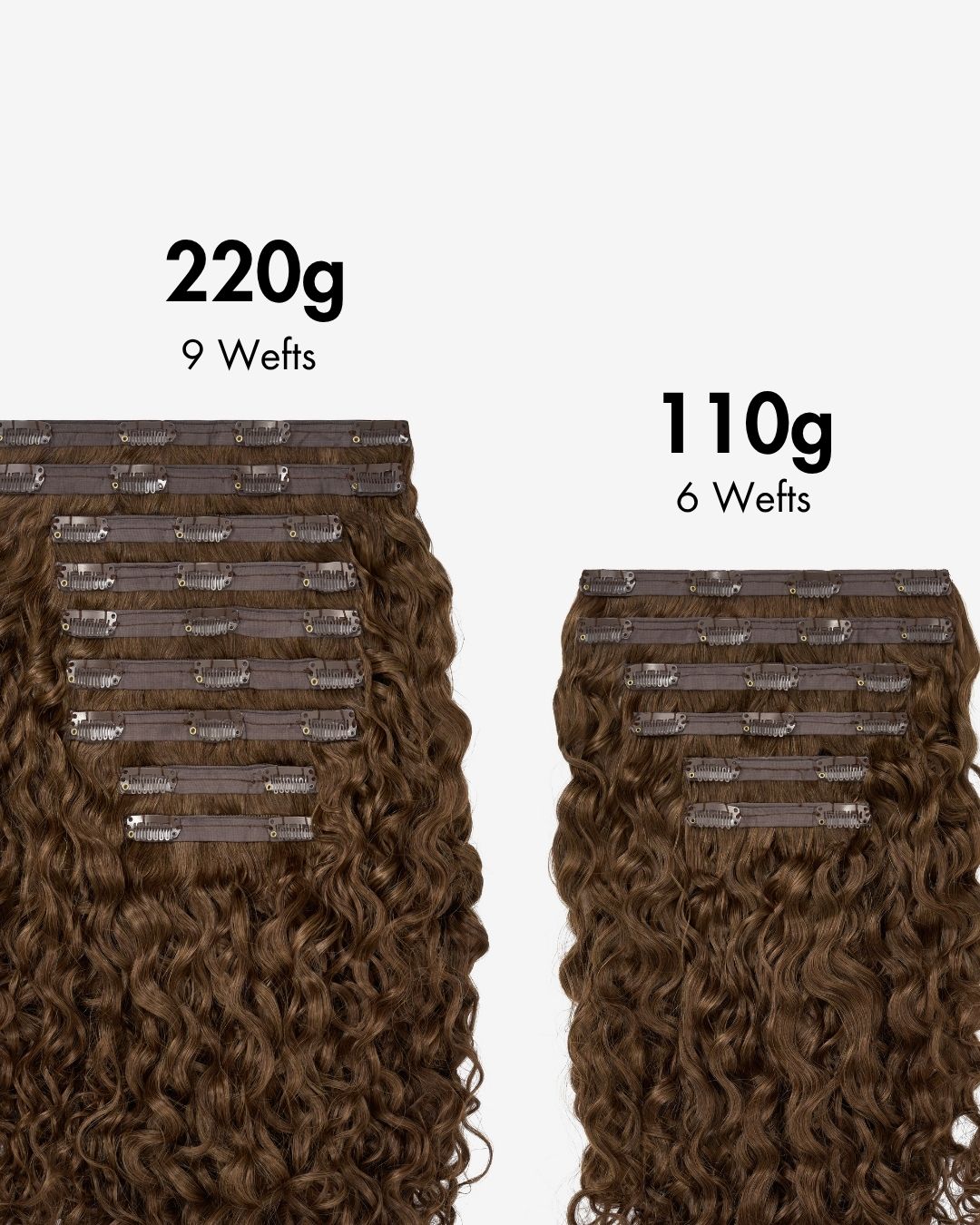 Front view of Light Brown Curly Clip-In Hair Extensions with clip-in wefts, 220g 9 wefts and 110g 6 wefts on white