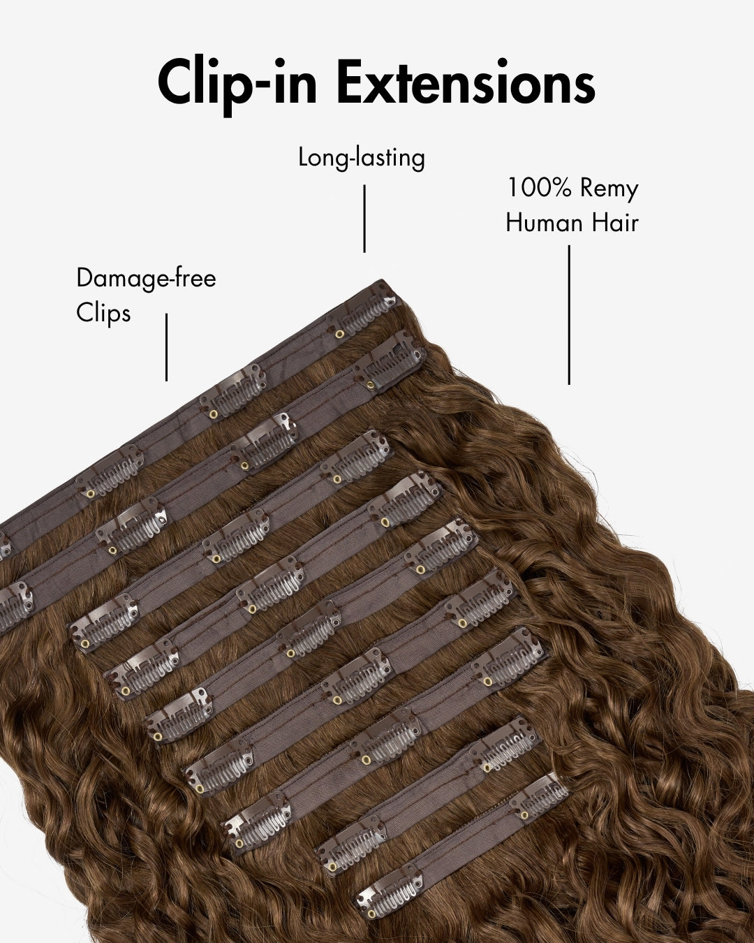 Top view of light brown curly clip-in extensions showcasing long-lasting 100 percent Remy human hair and damage-free clips