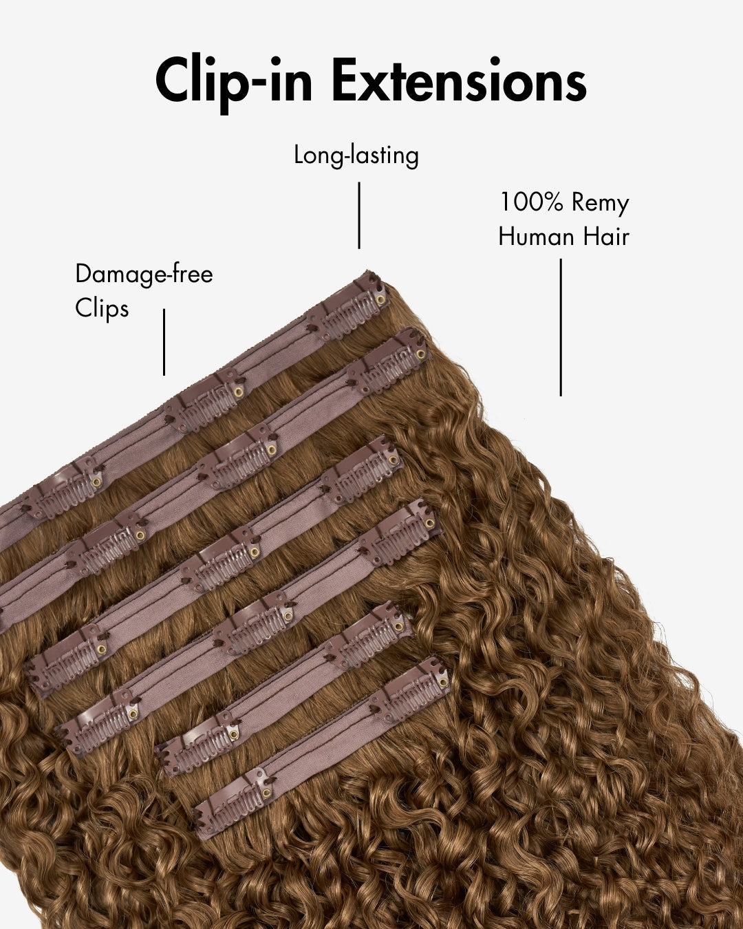 Close-up of chestnut Ringlet clip-in hair extensions showing long-lasting damage-free clips and 100 percent Remy human hair