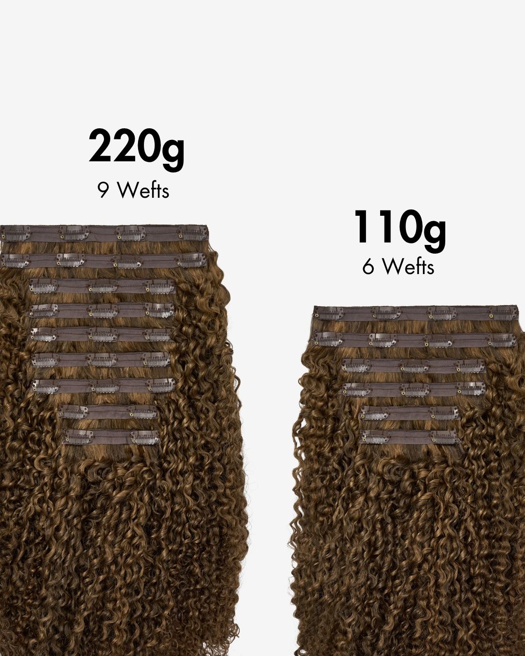 Comparison of Highlighted Brown Ringlet Clip-In Hair Extensions showing 220g 9 wefts and 110g 6 wefts