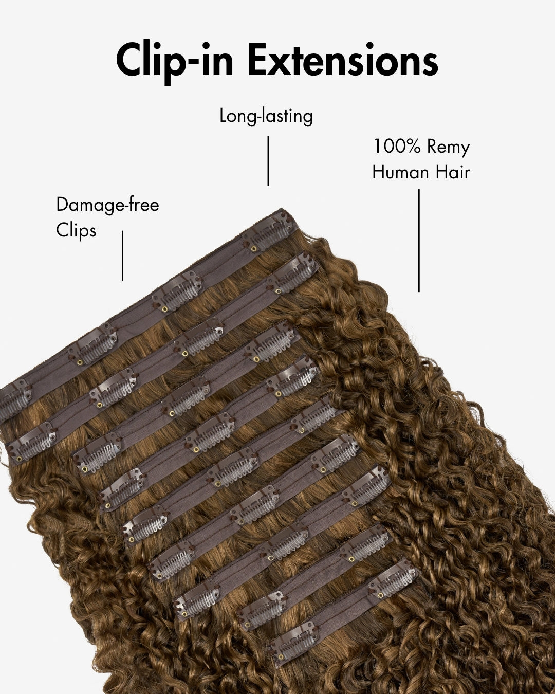 Close-up of Highlighted Brown Ringlet Clip-In Hair Extensions showcasing damage-free clips and 100% Remy Human Hair on white