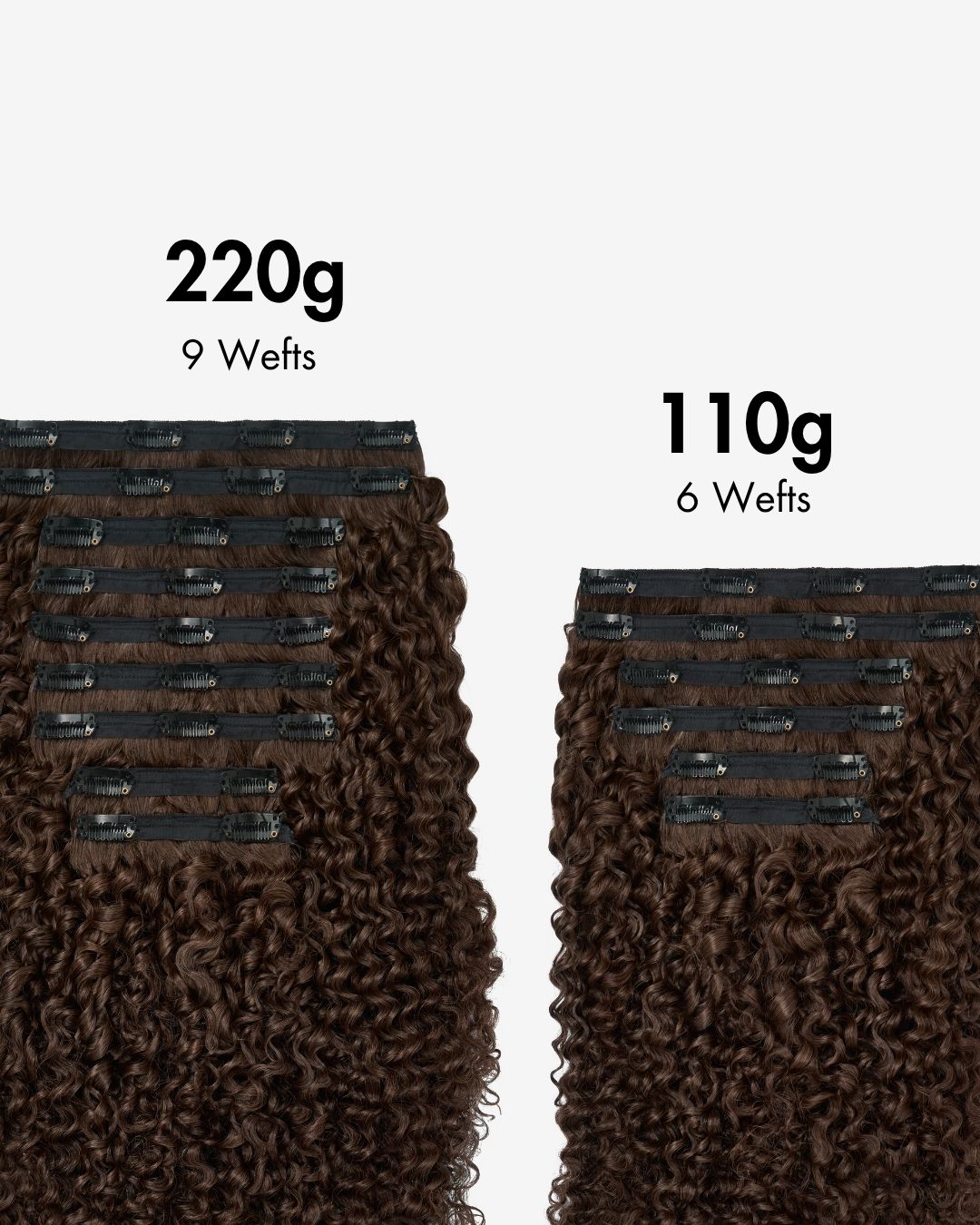 Neutral Dark Brown Ringlet Clip-In Hair Extensions with curly wefts, 220 grams in 9 wefts and 110 grams in 6 wefts