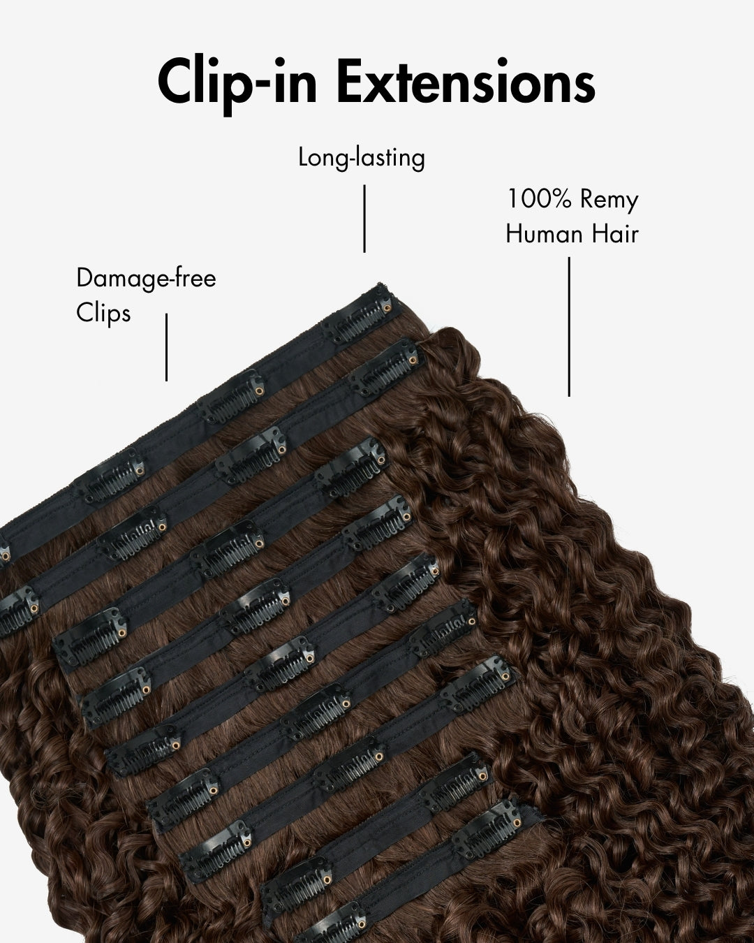 Close-up of Neutral Dark Brown Ringlet clip in hair extensions showcasing damage-free clips and 100% Remy human hair