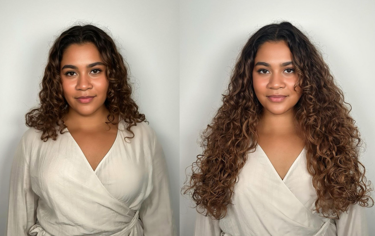 Before and after — Curly, Chestnut, Slip-On extensions