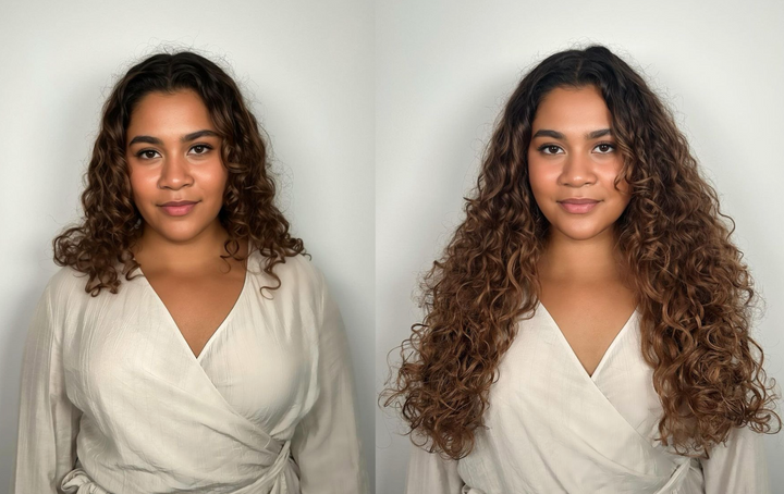 Before and after — Curly, Chestnut, Slip-On extensions