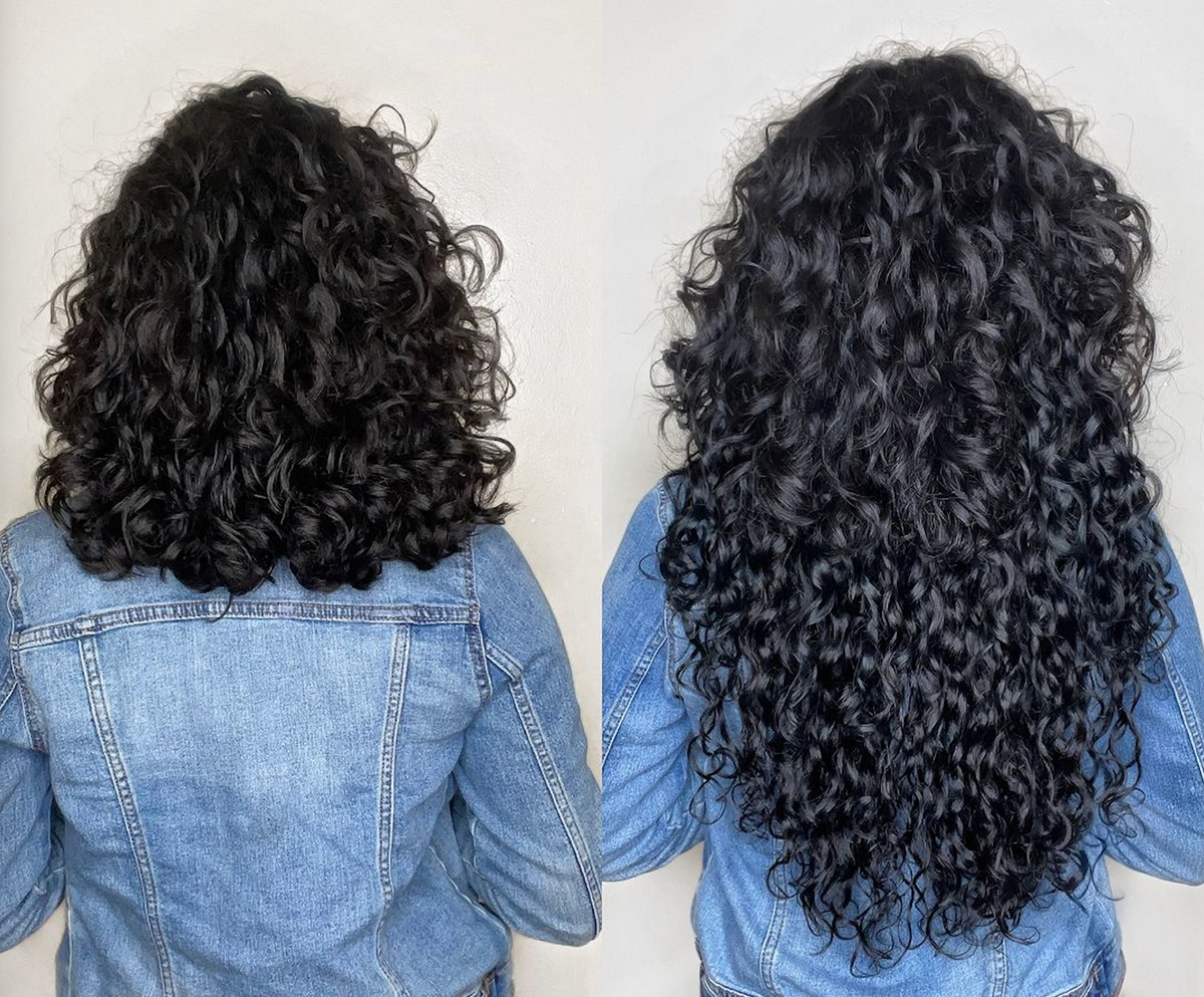 Before and after — Spiral, Jet Black, Clip-In extensions