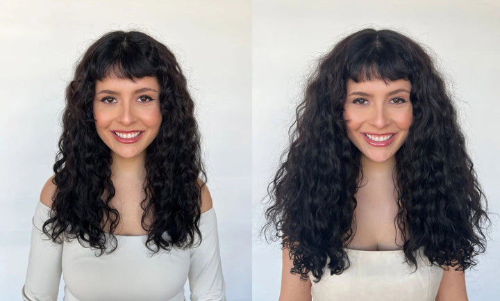 Before and after — Curly, Natural Black, Slip-On extensions