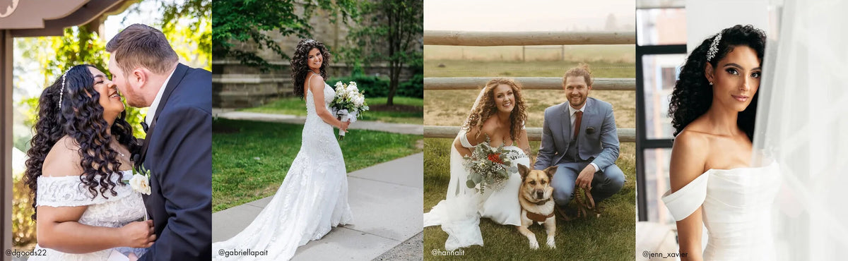 Brides showcasing curly wedding hairstyles in romantic outdoor and indoor settings