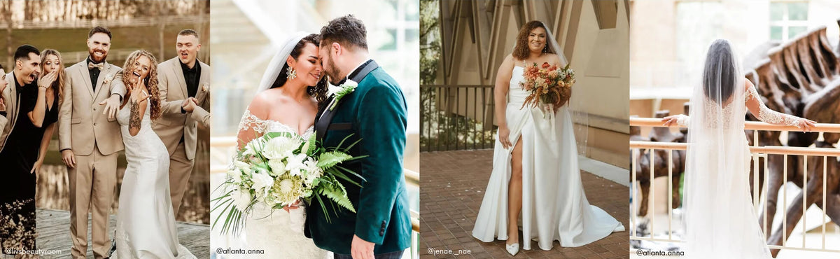 Brides celebrate with partners and wedding parties in varied venues, showcasing bridal hairstyles