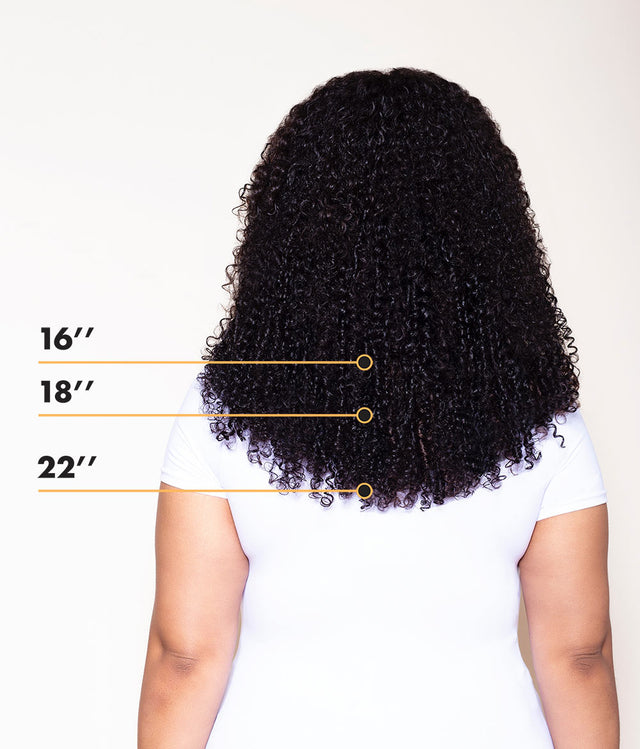 Back view of ringlet hair extensions showcasing 16, 18, and 22 inch lengths on a model in a white shirt