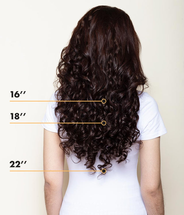 Back view of spiral hair extensions on a model, with 16, 18, and 22 inch markings showing below chest length